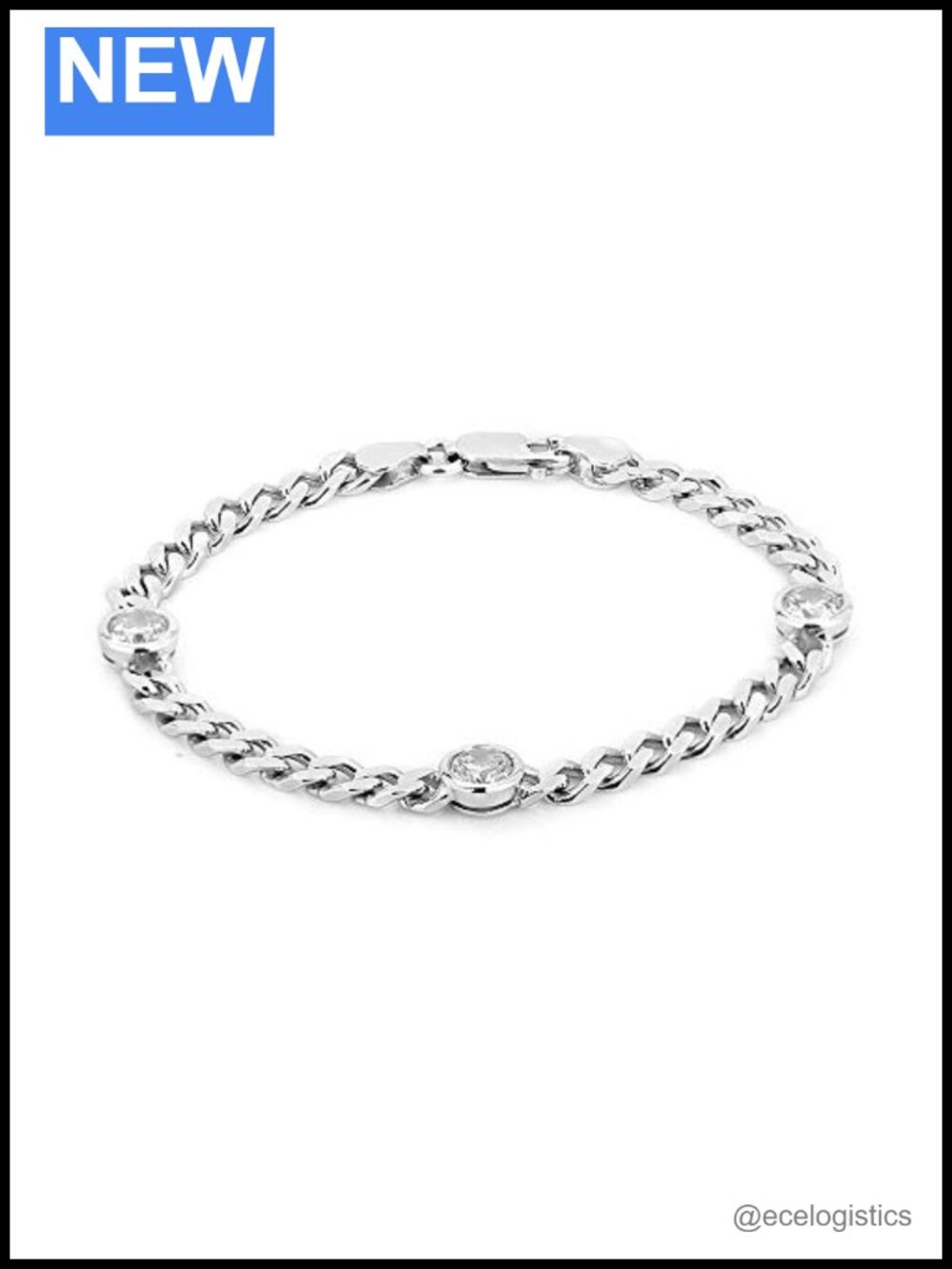 Sterling Silver Rhodium Plated Curb Chain Bracelet with Cubic Zirconia, 7.5 Inch